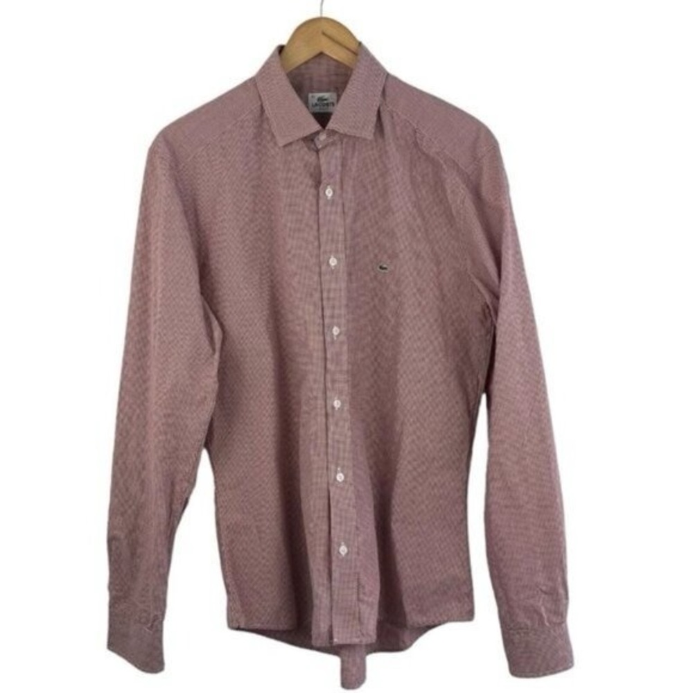 Lacoste Mens Pink White Gingham Check Button Up Long Sleeve Dress Shirt EU 42